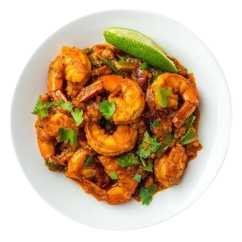 a plate of prawn masala fry with prawns cooked in a spicy masala sauce isolated on clean white background photo removebg preview