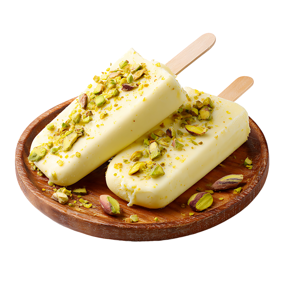 pistachio kulfi ice cream stick on wooden plate transparent background free png